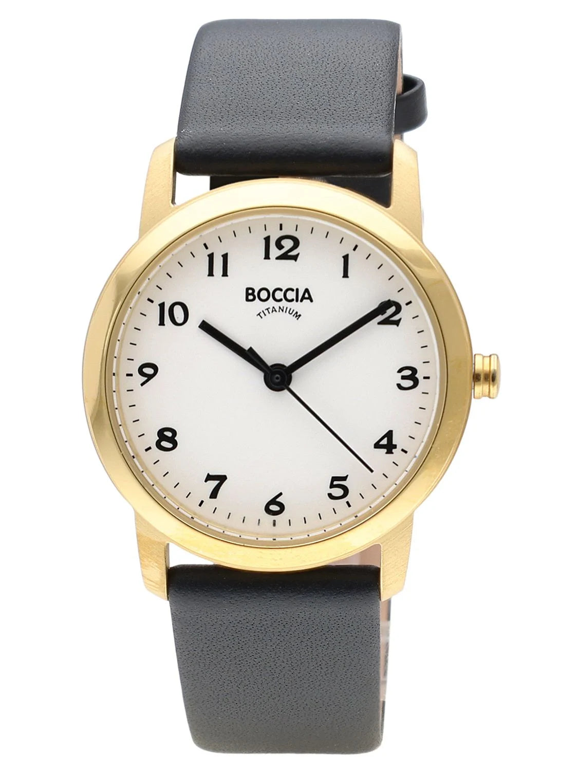 Boccia Titanium Watch – Gold-Tone Case with White Dial & Black Leather Strap