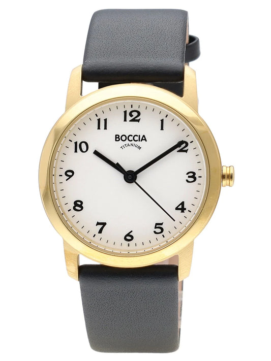 Boccia Titanium Watch – Gold-Tone Case with White Dial &amp; Black Leather Strap