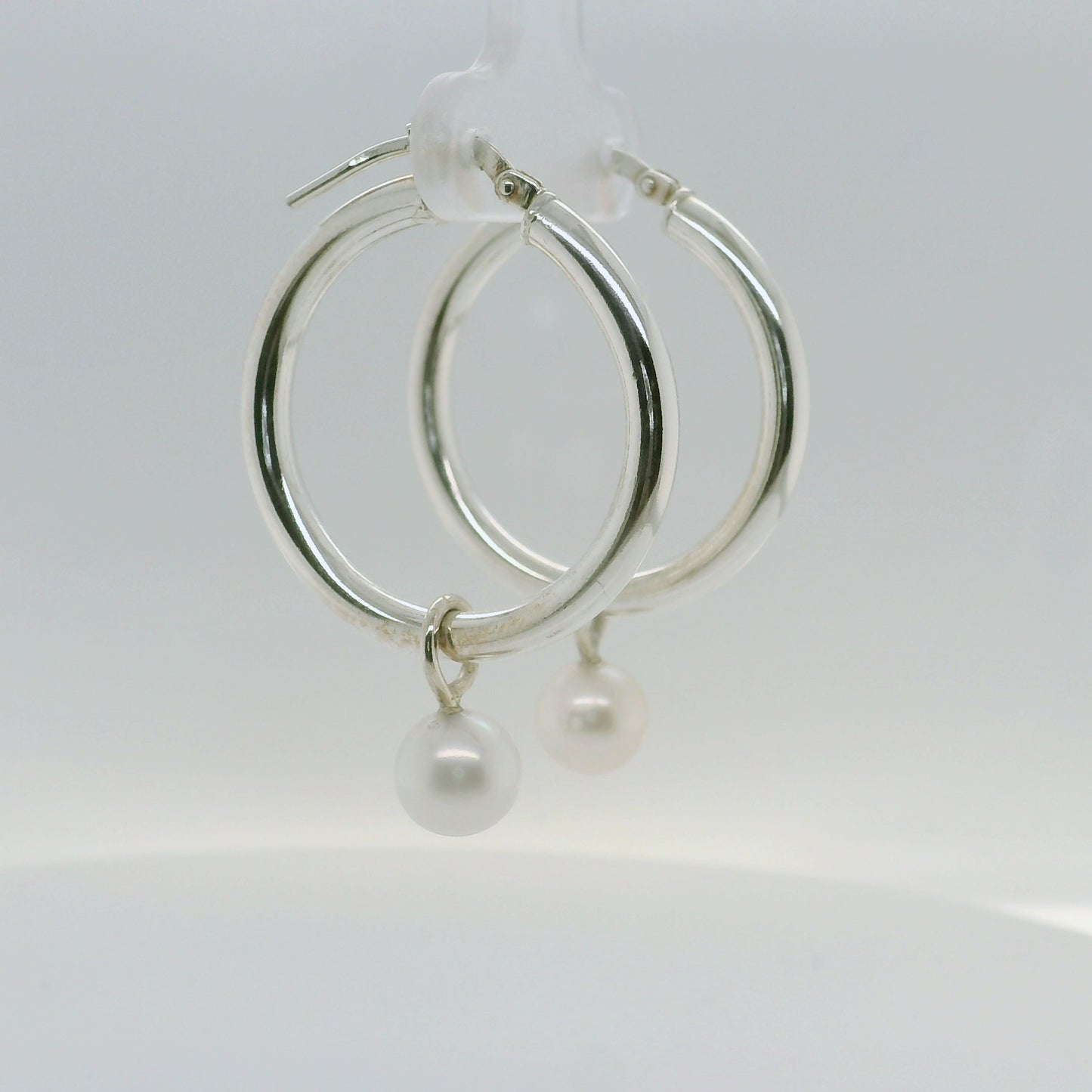 Silver Pearl Hoops