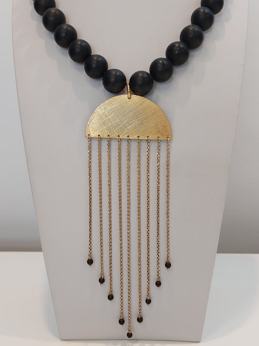 Black Bead & Chain Drop Necklace