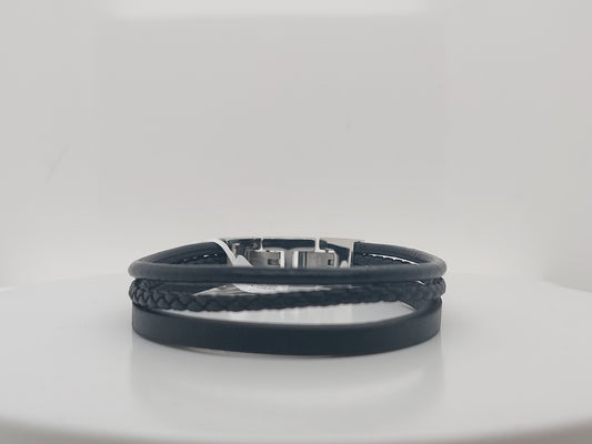 Black Leather 3 Row Bracelet