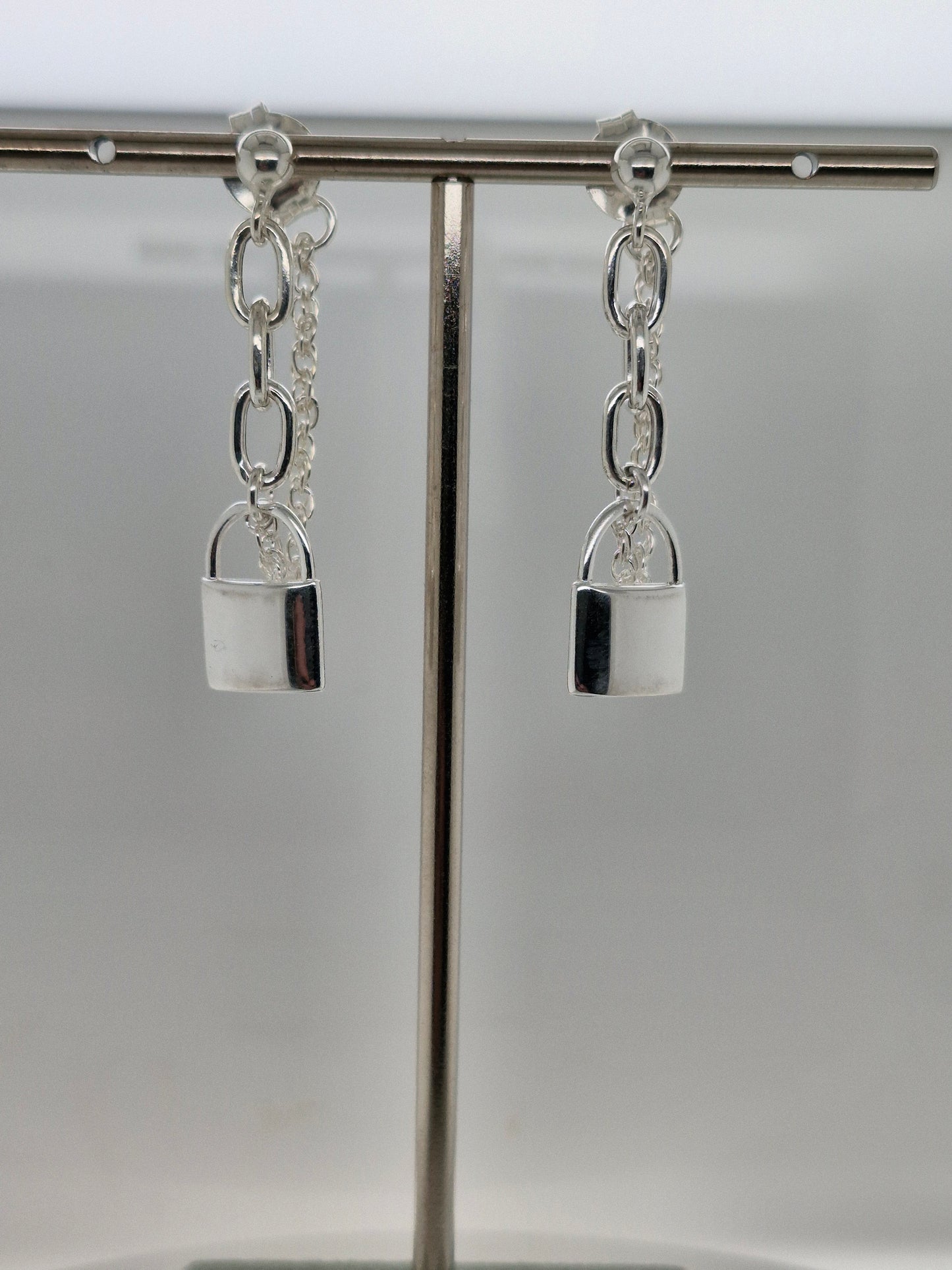 Silver Love Lock Chain Earrings