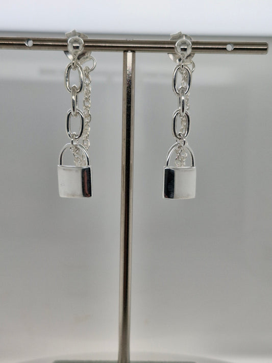 Silver Love Lock Chain Earrings