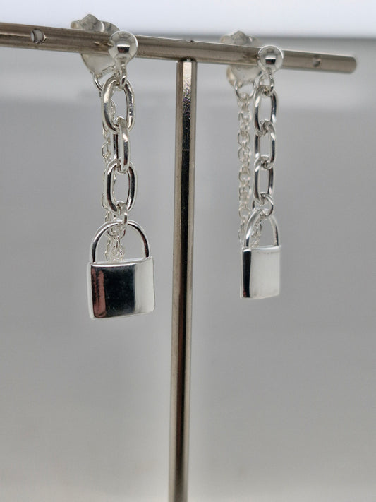 Silver Love Lock Chain Earrings