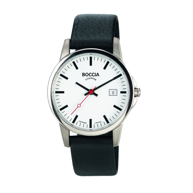 BOCCIA White Dial Black Leather Strap Watch