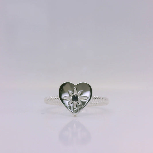 Silver Twisted Heart Sapphire Signet Ring
