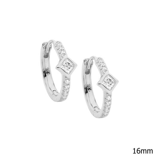 White Diamond Shaped Bezel Huggies