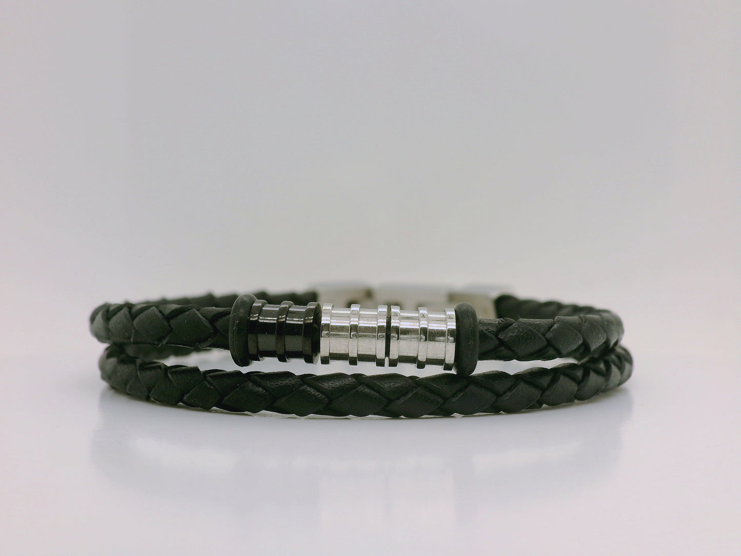 Black Braided Leather Bracelet with Stainless Steel Detail