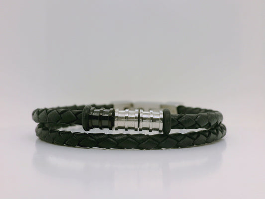 Black Braided Leather Bracelet with Stainless Steel Detail
