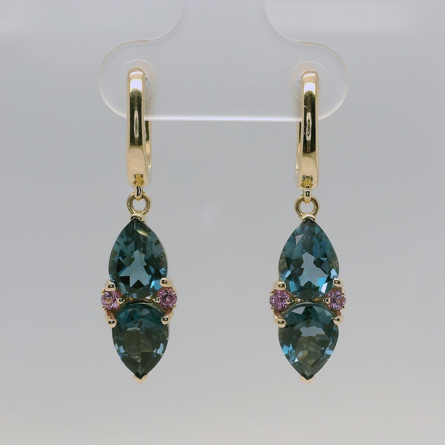 Blue Topaz, Pink Sapphire & Diamond Drop Earrings