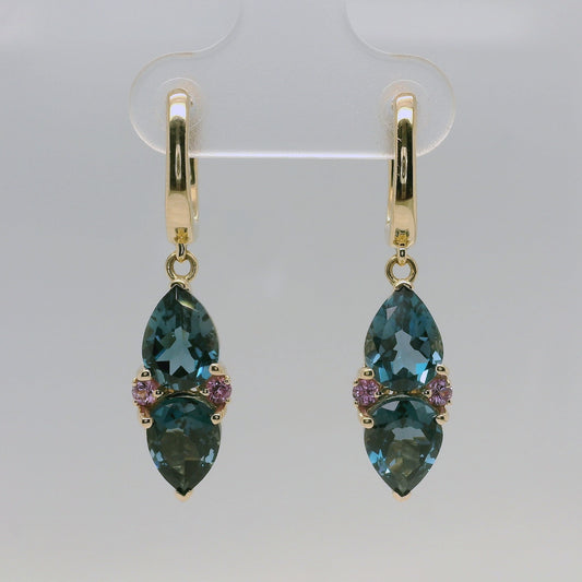 Blue Topaz, Pink Sapphire & Diamond Drop Earrings