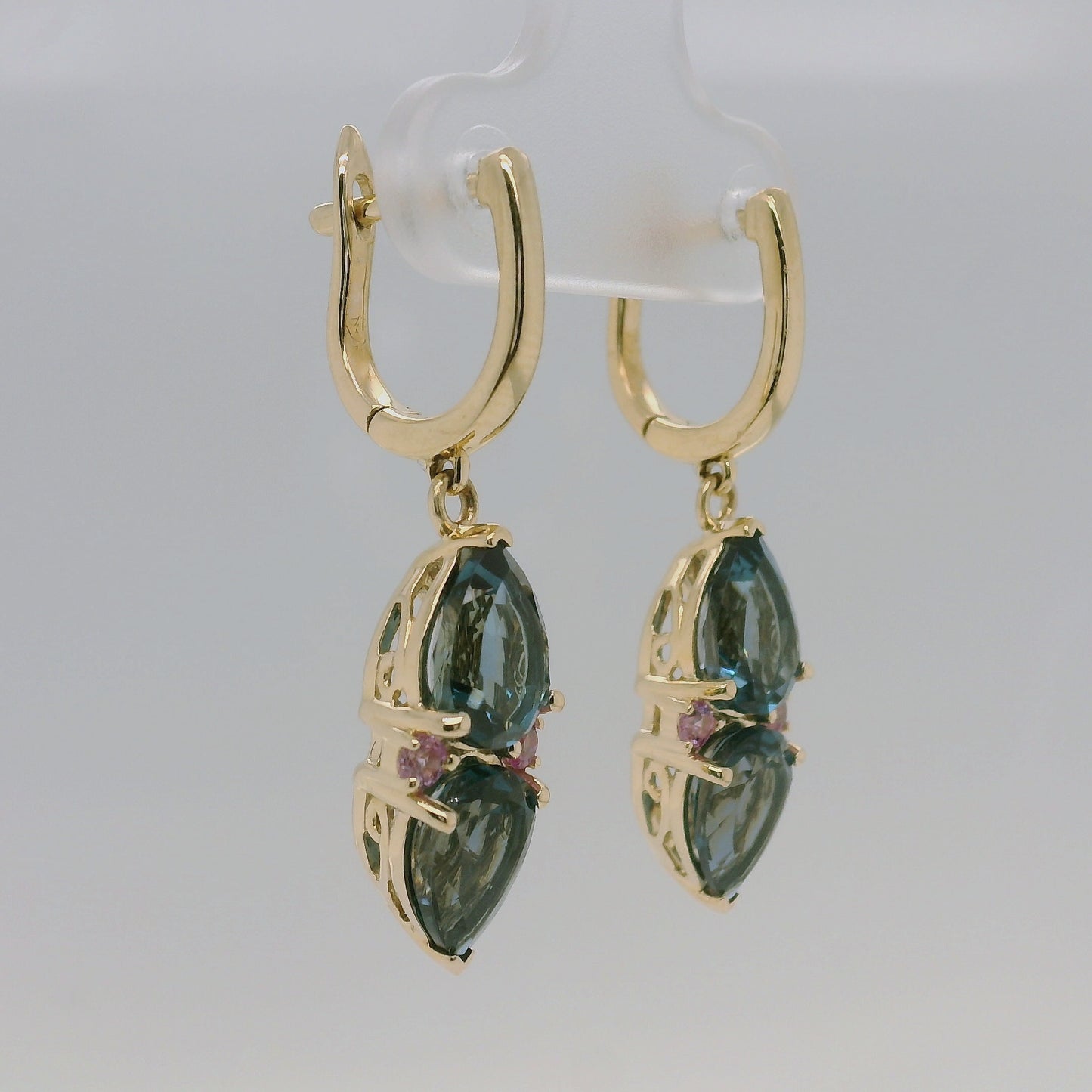 Blue Topaz, Pink Sapphire & Diamond Drop Earrings