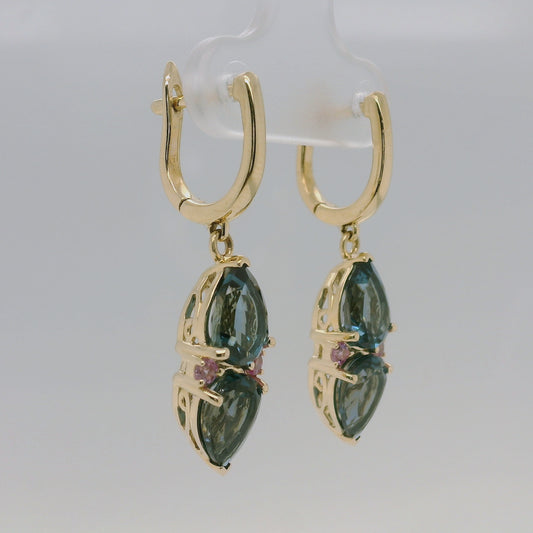 Blue Topaz, Pink Sapphire & Diamond Drop Earrings