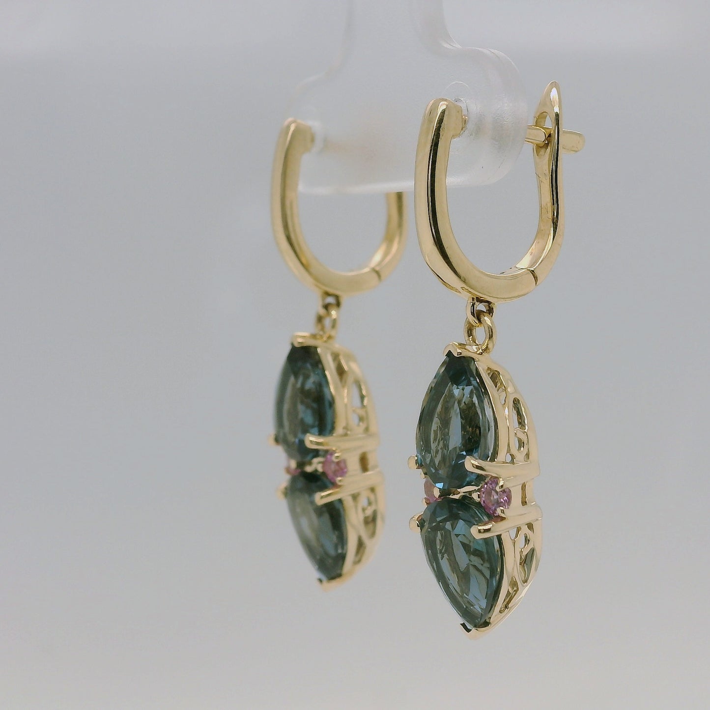 Blue Topaz, Pink Sapphire & Diamond Drop Earrings