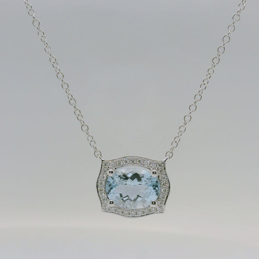 9ct White Gold Aquamarine & Diamond Halo Pendant with Chain