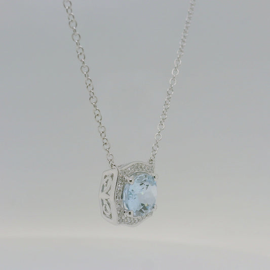 9ct White Gold Aquamarine &amp; Diamond Halo Pendant with Chain