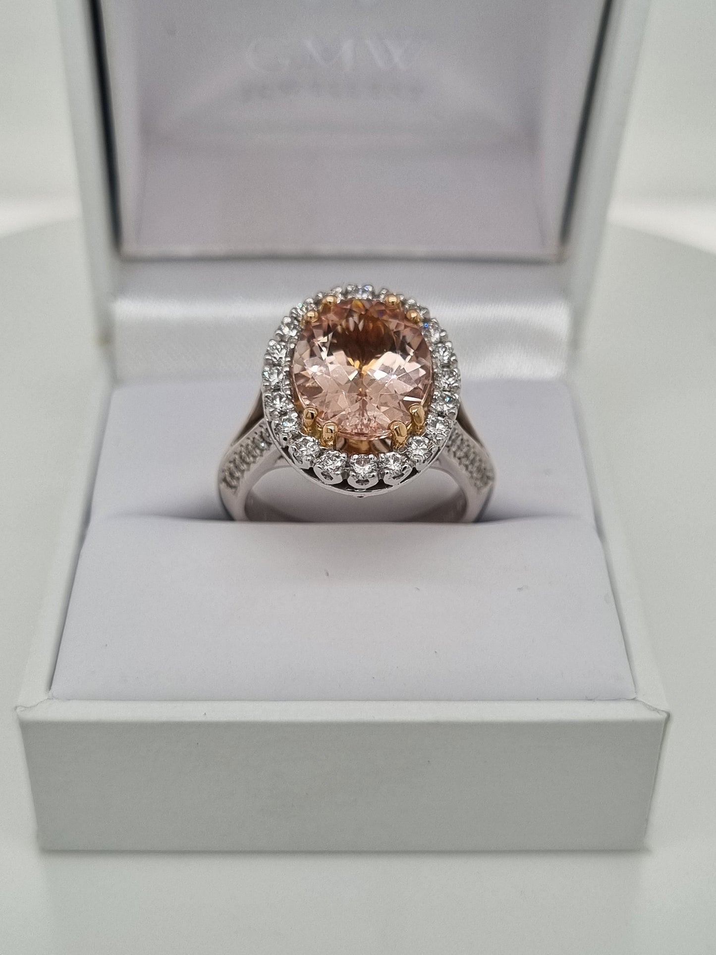 18ct Gold Morganite and Diamond cluster Ring from GMW Jewellery in Blenheim NZ