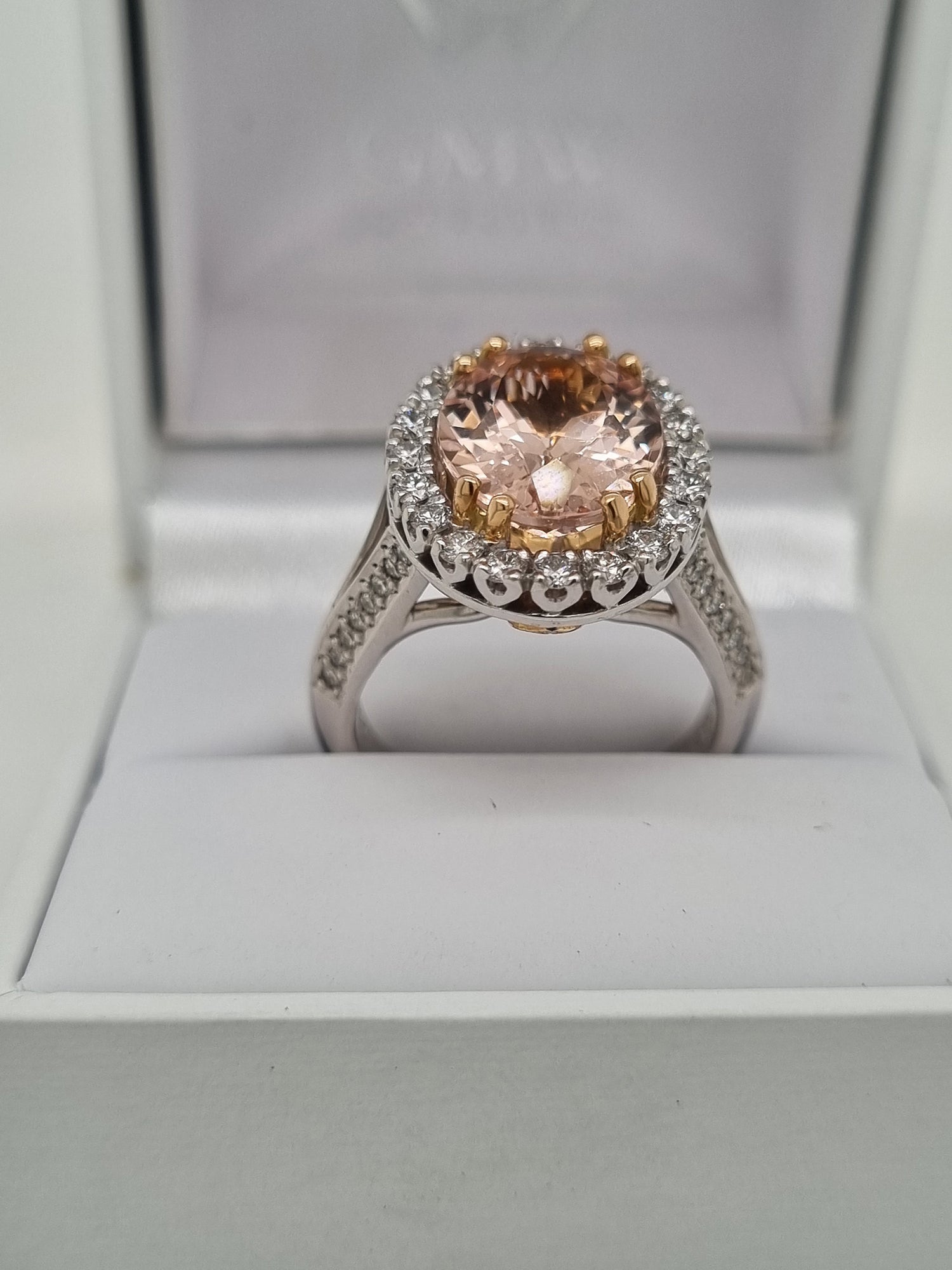 18ct Gold Morganite and Diamond cluster Ring from GMW Jewellery in Blenheim NZ