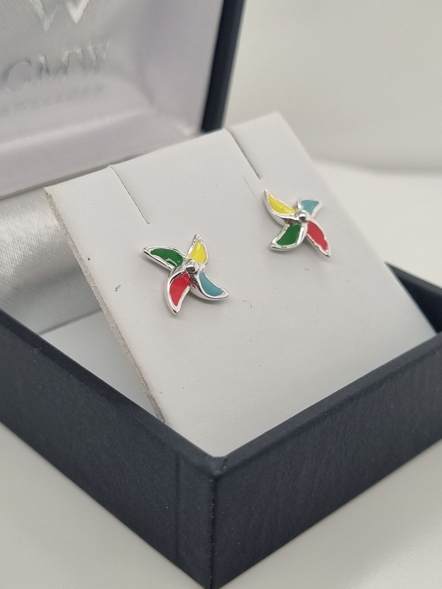 Sterling Silver multi coloured windmill studs